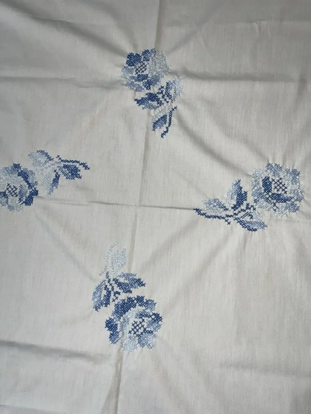 Vtg Cross Stitch White Blue Flowers Tablecloth 50” x 52 